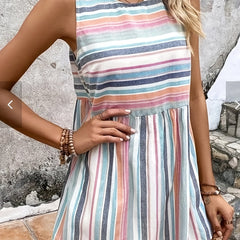 Casual Tank Dress Women's Plus Colorful Stripe Print Mini Dress