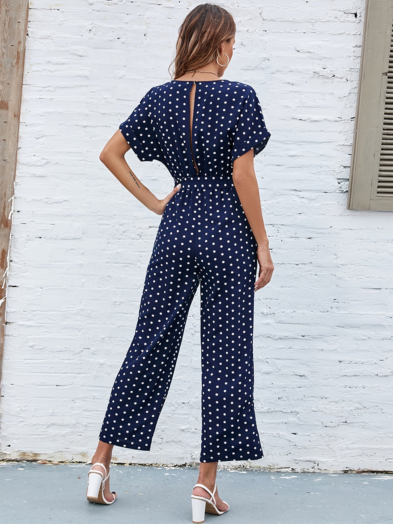 Polka Dot Round Neck Short Sleeve High Waist Jumpsuit