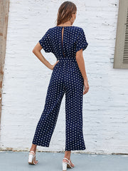 Polka Dot Round Neck Short Sleeve High Waist Jumpsuit