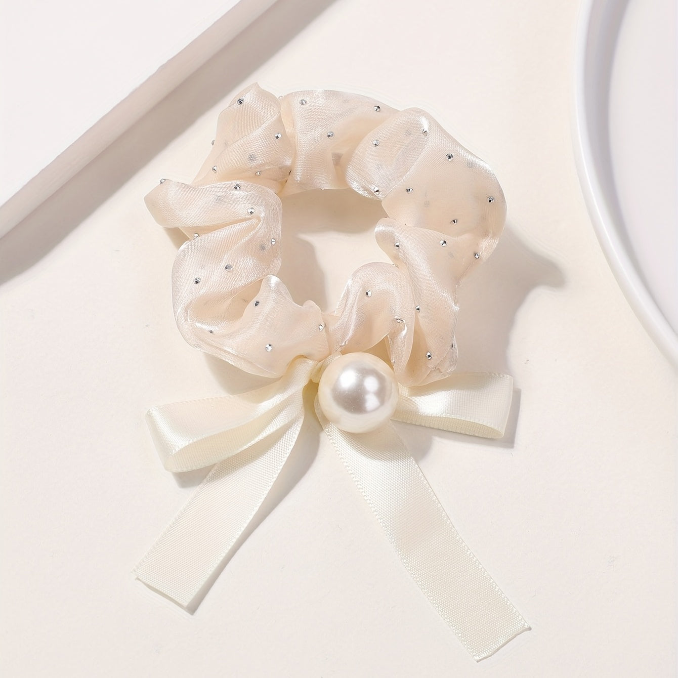 Mesh Scrunchie Faux Pearl Bow Ribbon Hair Rope Elastic Hair Tie