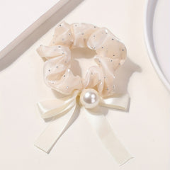 Mesh Scrunchie Faux Pearl Bow Ribbon Hair Rope Elastic Hair Tie