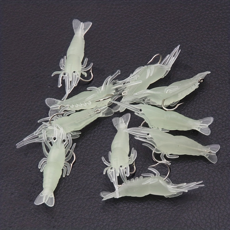 10pcs Luminous Shrimp Soft Bait w/Hooks for Carp Fishing Silicone Glow in Dark