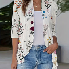 Floral Print Open Front Ruffle Cardigan 3/4 Sleeve Casual Cardigan