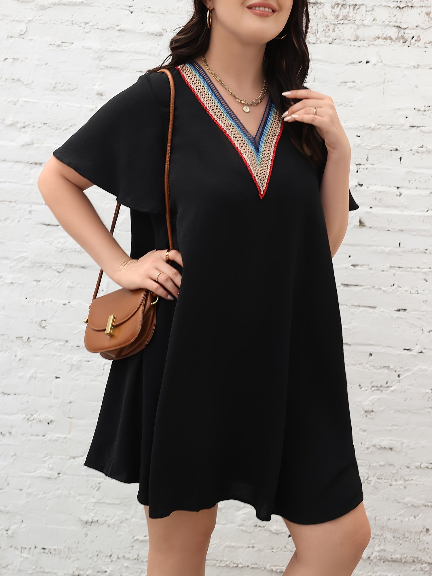 Boho Dress Women's Colorblock Lace V Neck Short Sleeve Dress
