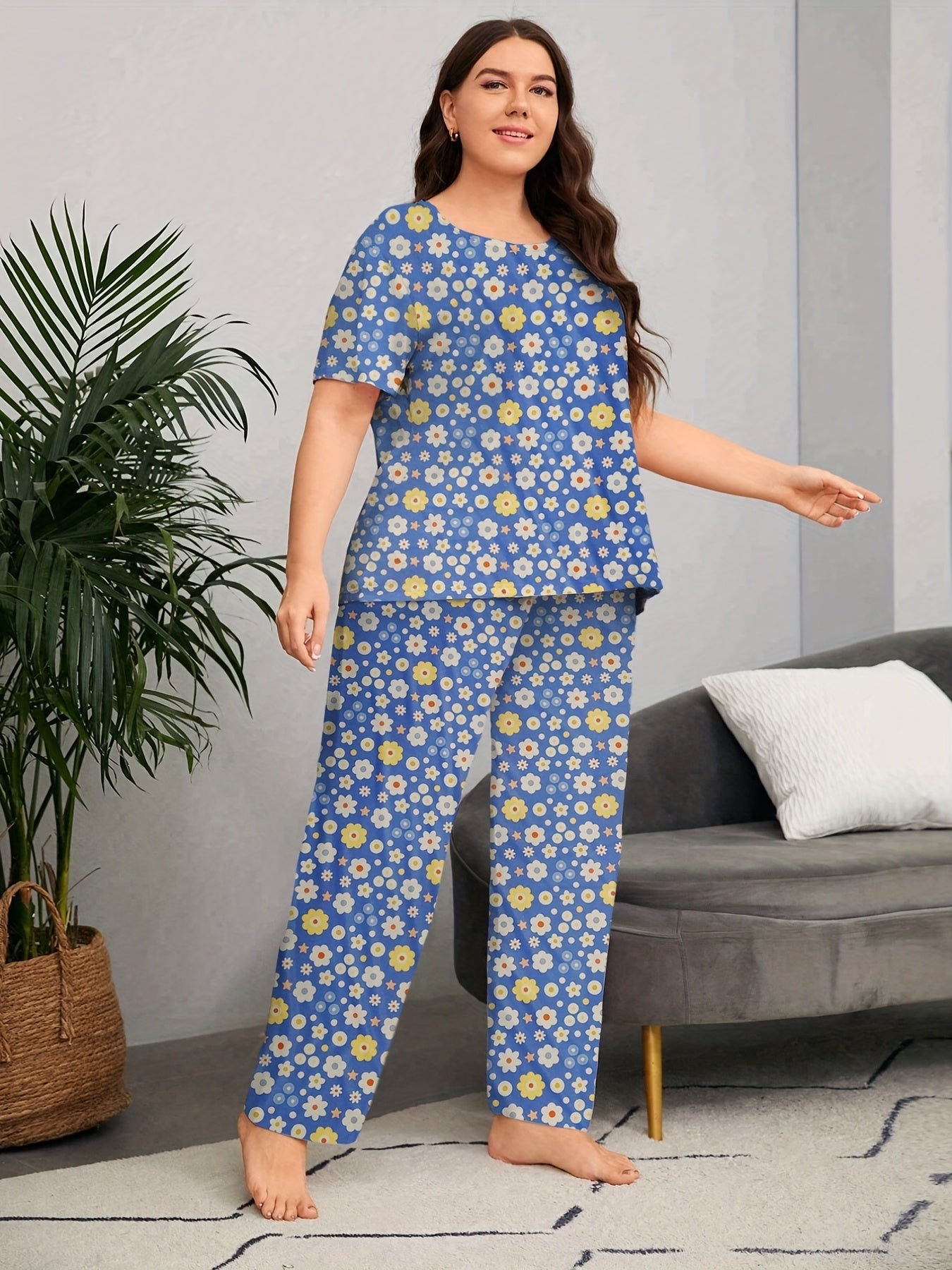Floral Print Pajama Set Women's Short Sleeve Top & Pants