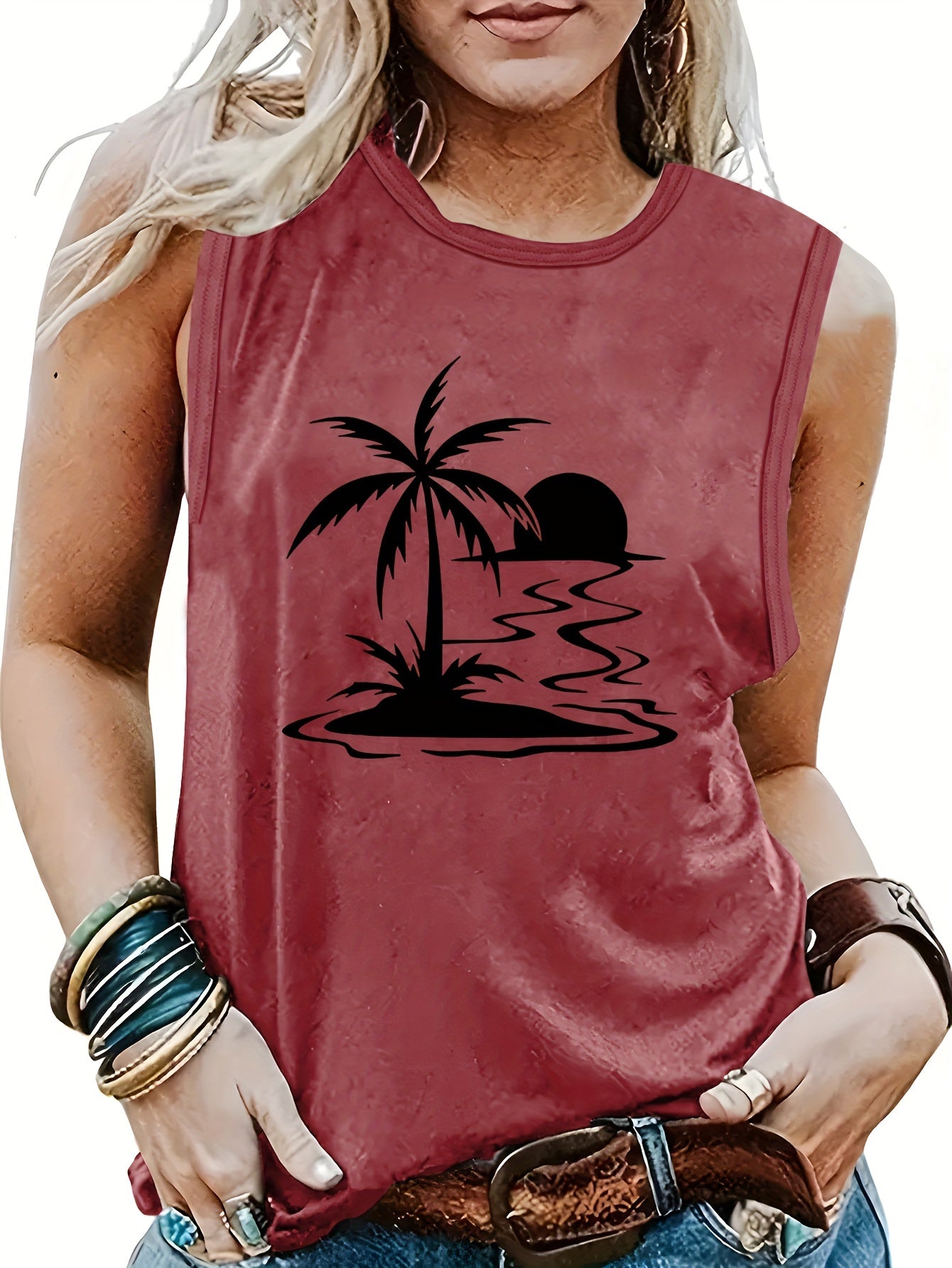 Landscape Print Crew Neck Tank Top for Summer