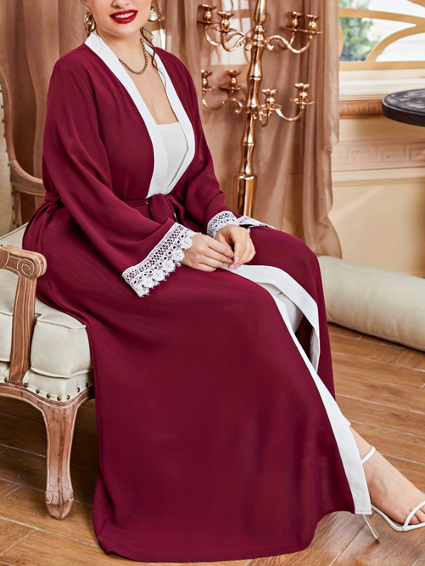 Boho Abaya Robe Plus Contrast Lace Long Sleeve Open Front Robe Arabian Dress