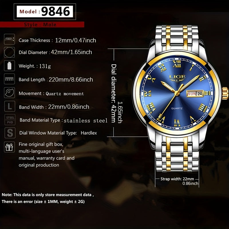 LIGE Men Stainless Steel Golden Watch Waterproof Sports Wrist Watches