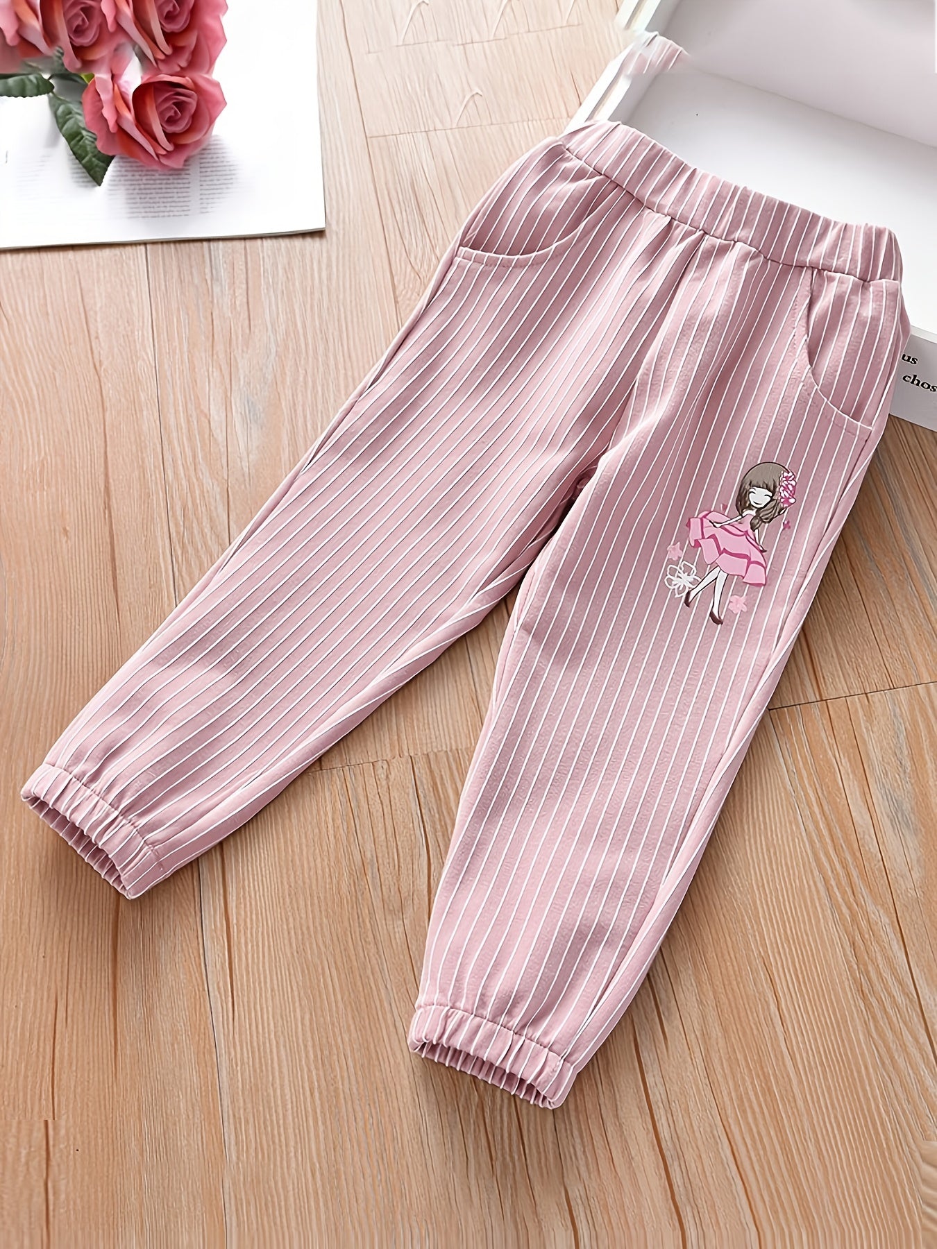 Girls Casual Striped Pants with Cartoon Print