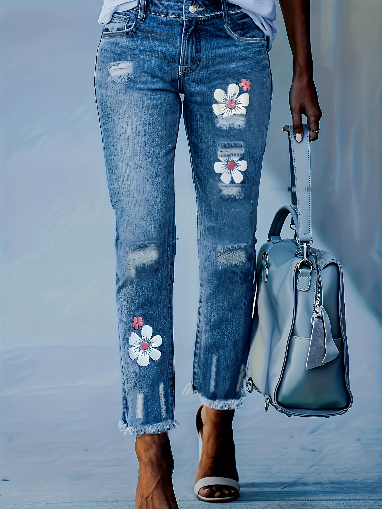 Women's Plus Floral Print Ripped Fringe Trim Jeans