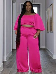 Solid Flare Crop Top & Wide Leg Pants Outfit Set