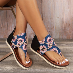 Sunflower Pattern Thong Sandals Bohemian Style Beach Sandals for Women