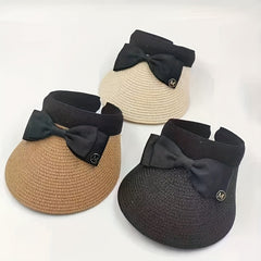 Bow Decor Sun Visor Hat Casual UV Protection Foldable Straw Sun Hat