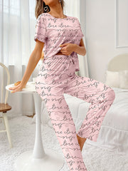 Casual Letter Print Pajama Set Short Sleeve Top & Elastic Waistband Pants