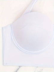Bikini Set Solid Molded Cup Halter Bra & Ruched Panty Swimsuit