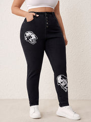 High Rise Skinny Jeans with Skull Rabbit Print