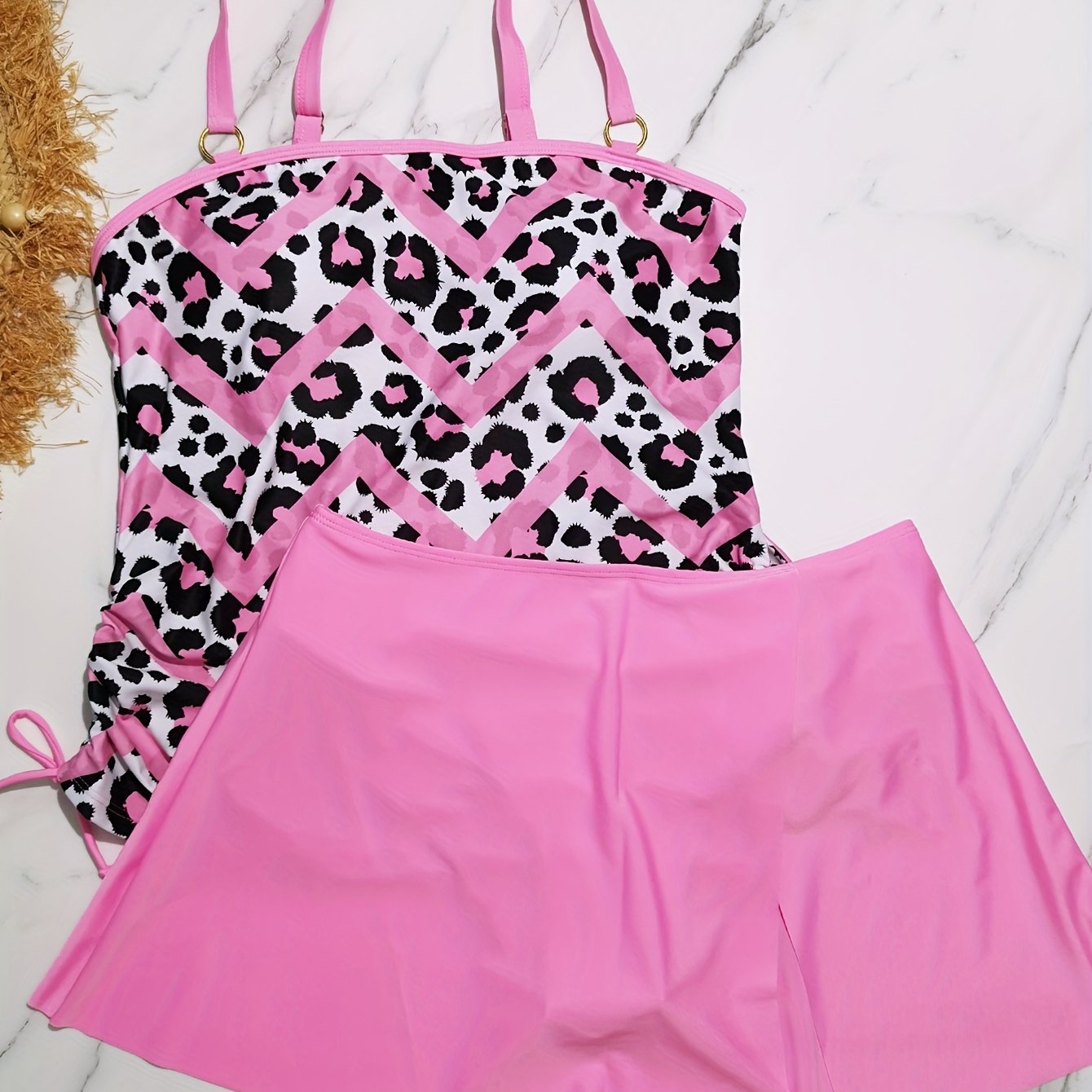 Leopard & Chevron Print Lace-Up Tankini Set