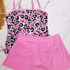 Leopard & Chevron Print Lace-Up Tankini Set