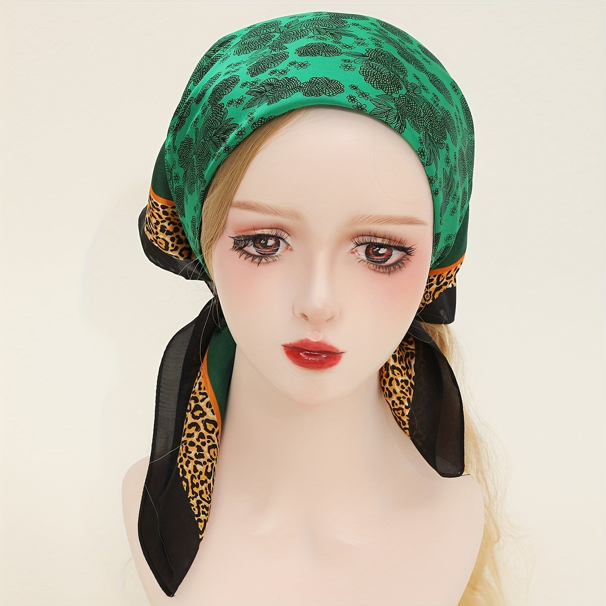 Green Leopard Print Bandana Satin Square Scarf