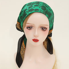 Green Leopard Print Bandana Satin Square Scarf