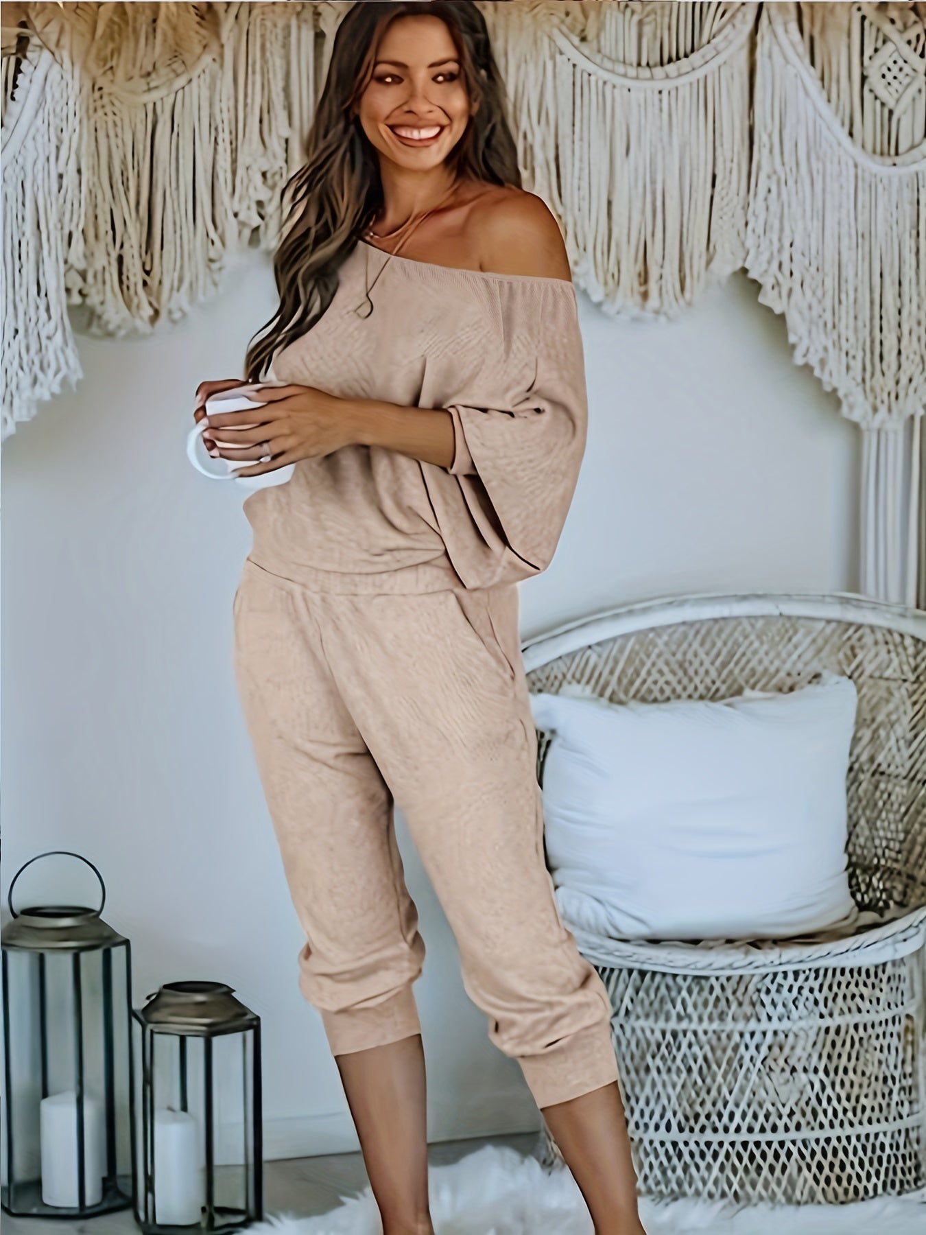 2 Piece Set Solid One Shoulder Top & Pants Outfits