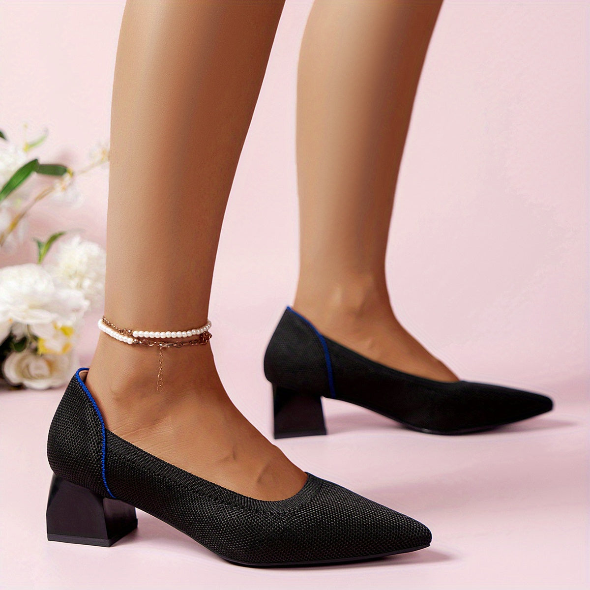 Women's Breathable Chunky Heel Pumps Knitted Slip On Dress Shoes