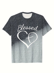 BLESSED Print Heart & Cross Graphic Short Sleeve T shirt For Girls