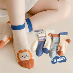 5pairs Boys Lion Socks Mesh Breathable Comfortable Crew Socks