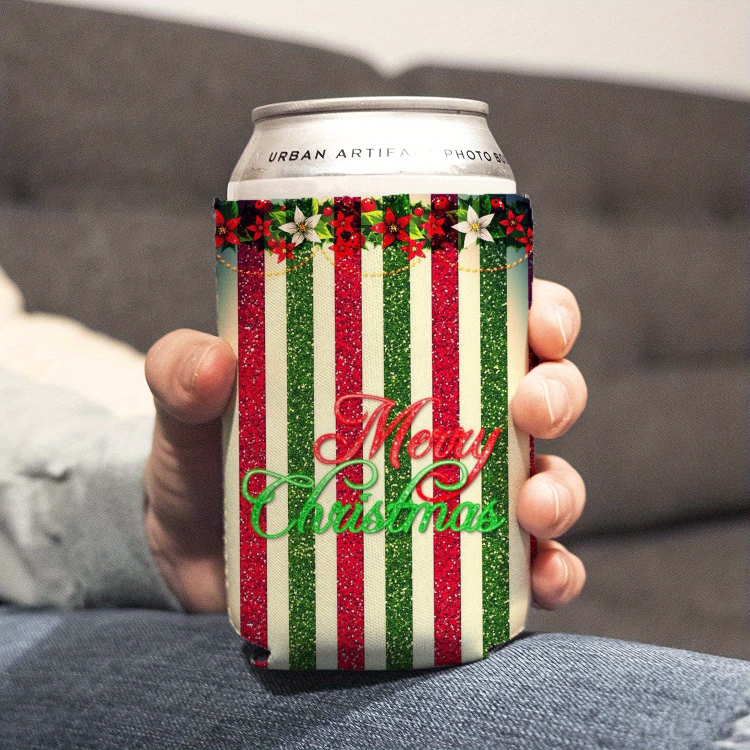 Colorful Vertical Stripes Neoprene Can Cooler - Merry Christmas Print