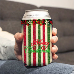 Colorful Vertical Stripes Neoprene Can Cooler - Merry Christmas Print