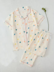 Heart Print Pajama Set Short Sleeve Button Up Top & Elastic Waistband Pants