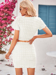 Popcorn Style Textured Two piece Skirt Set Short Sleeve Crop Top & Solid Skirt