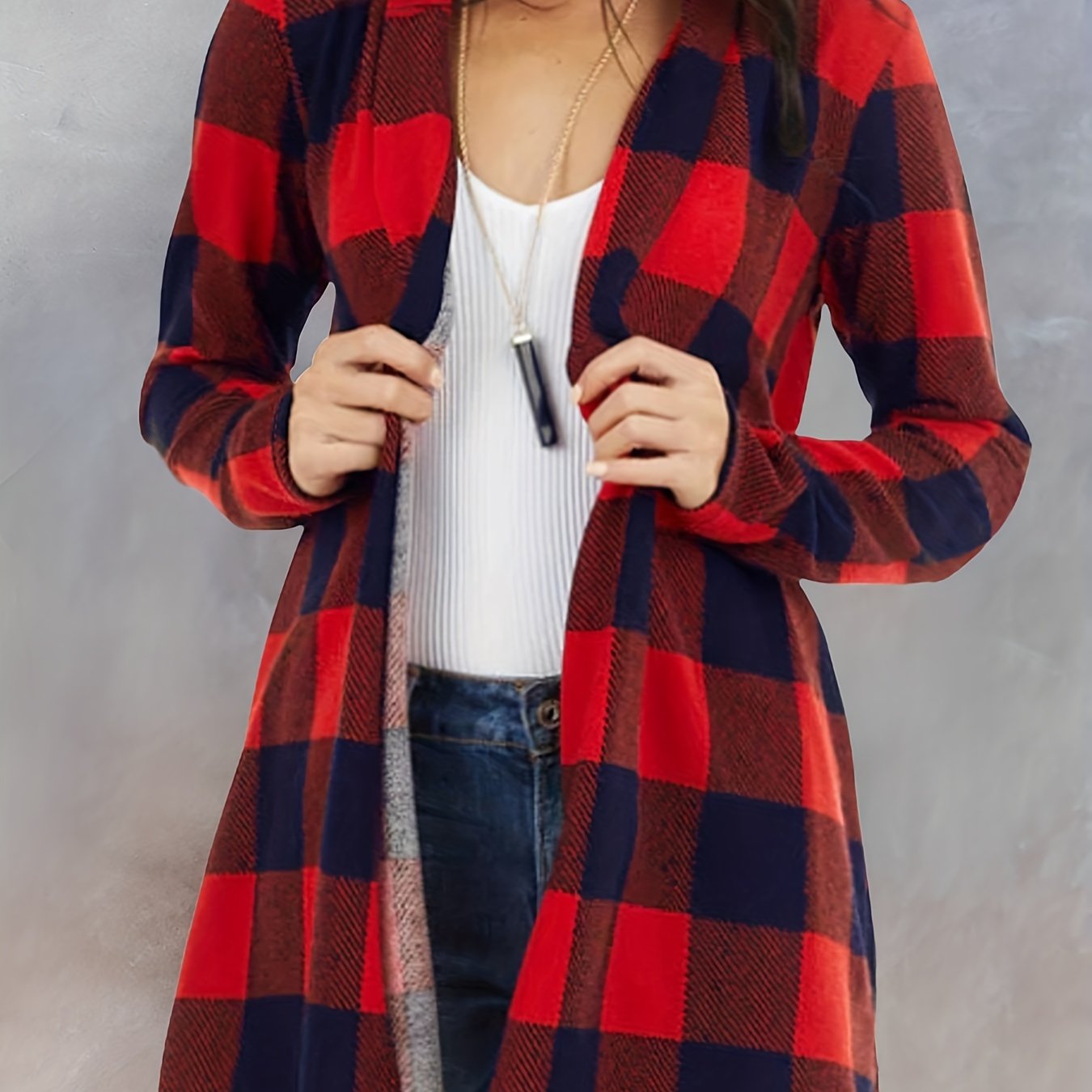 Plaid Print Cardigan Open Front Long Sleeve