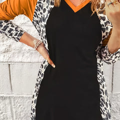 Leopard Print Splicing Dress V Neck Long Sleeve