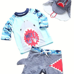 Boys Camo Swim Set Shark Graphic Top Shorts & Hat