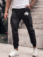 Dragon Pattern Cargo Pants Men's Flap Pocket Work Trousers