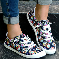 Women's Skull Pattern Canvas Shoes Low Top Lace Up Round Toe Flat Casual Shoes