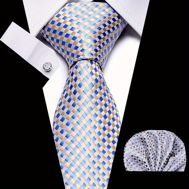 Men's Plaid Pattern Tie Pocket Scarf Cuff Set For Suits