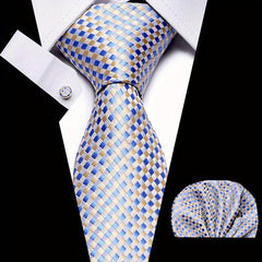 Men's Plaid Pattern Tie Pocket Scarf Cuff Set For Suits