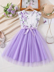 Boho Floral Tulle Spliced Dress with Bow Band for Summer