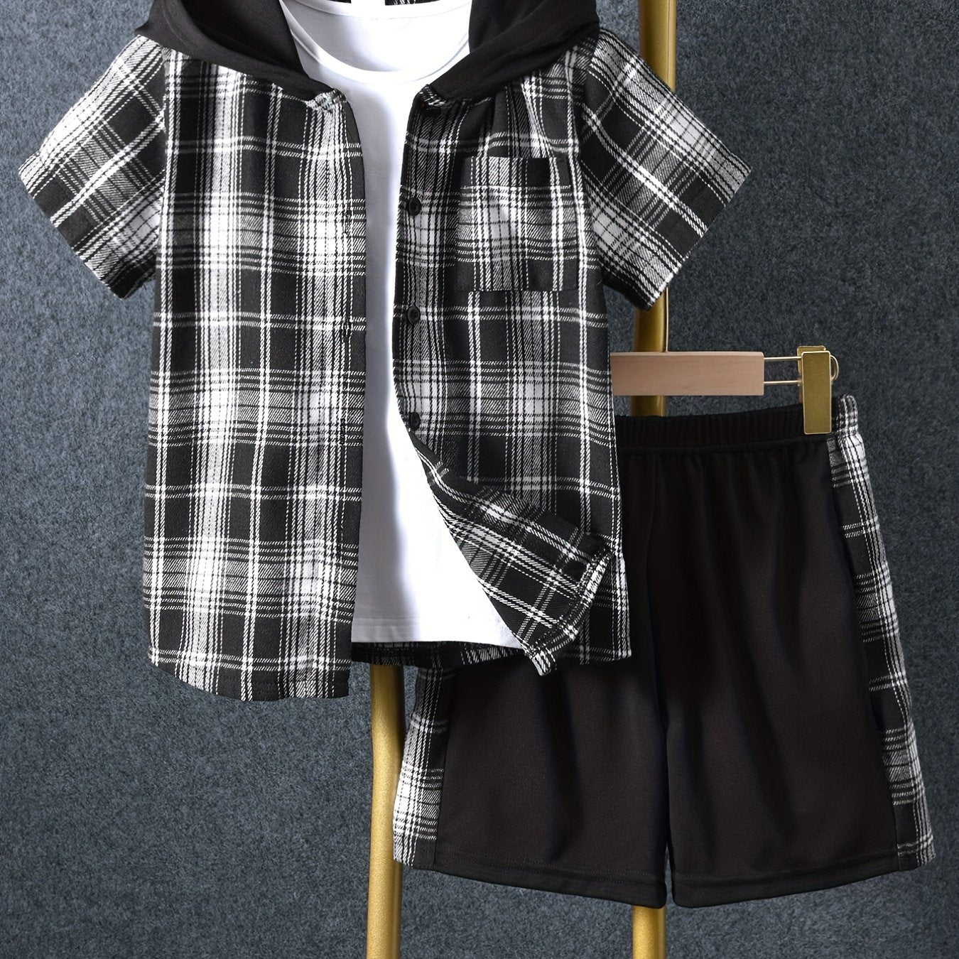 Boys Plaid Hooded Shirt & Shorts Summer Outfit