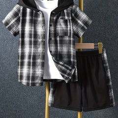Boys Plaid Hooded Shirt & Shorts Summer Outfit