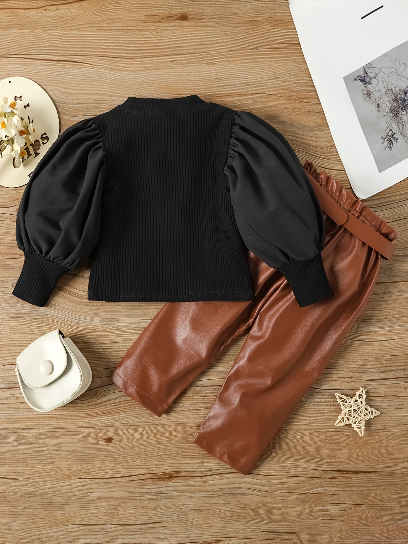 2pcs Baby Girls Ribbed Top & Leather Pants Set Kids Clothes