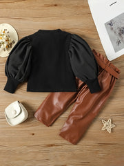 2pcs Baby Girls Ribbed Top & Leather Pants Set Kids Clothes