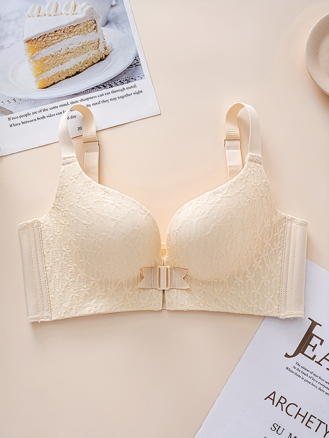 Wireless Push Up Bra Front Buckle Lace Contrast Comfy & Breathable