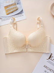 Wireless Push Up Bra Front Buckle Lace Contrast Comfy & Breathable