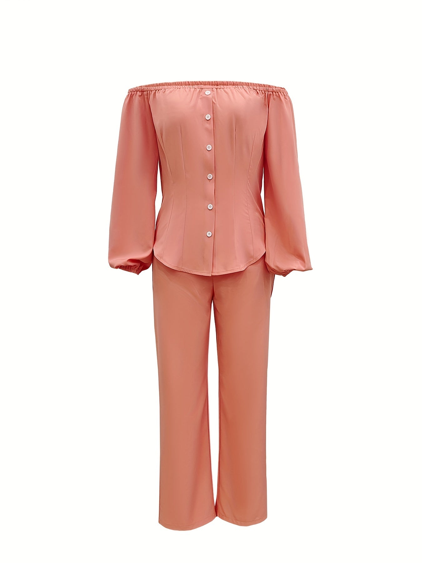 Causal Two piece Set Off Shoulder Lantern Sleeve Button Top & Straight Leg Pants