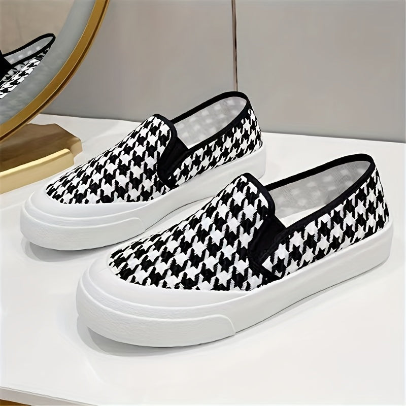 Women's Houndstooth Flat Loafers Slip On Low Top Canvas Shoes