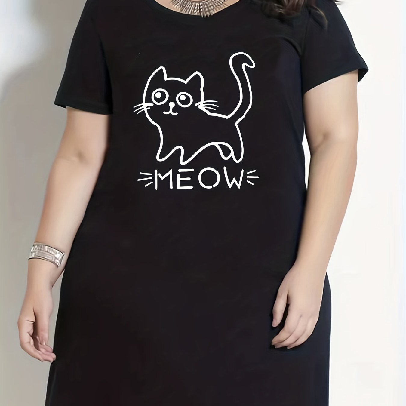 Cat & Letter Print Tee Sleep Dress