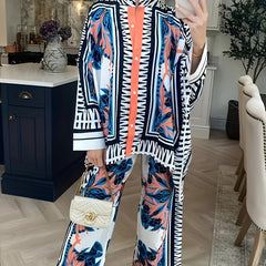 Women's Plus Leaf & Scarf Print Shirt & Pants Outfit Set